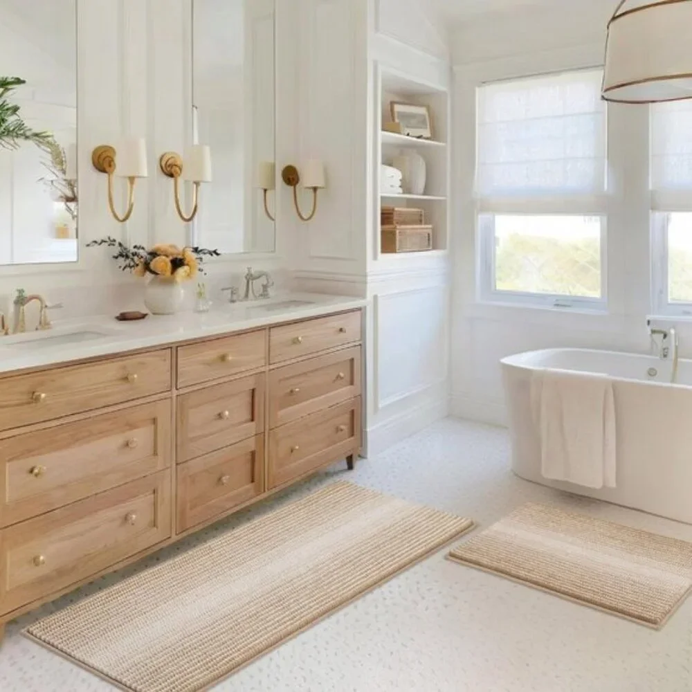 New 2-Piece Beige Bath Rug Set, Absorbent Non-Slip Chenille Mats for Bathroom